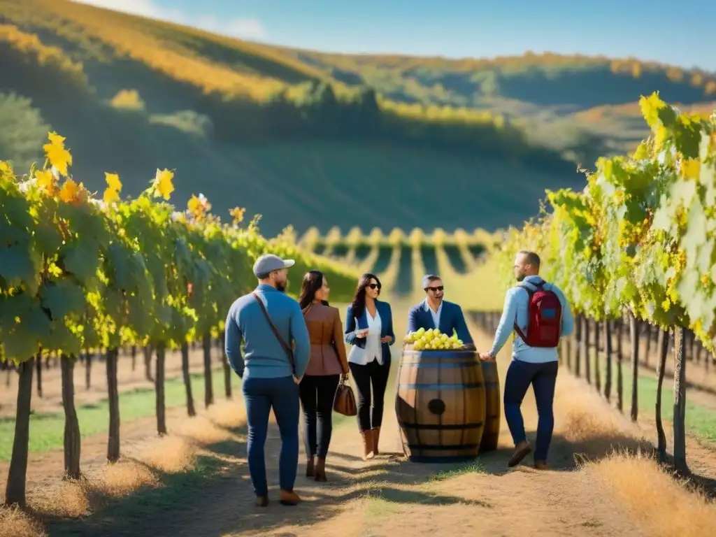Exploradores disfrutan de la vendimia en viñedos otoñales Exploradores en viñedos de otoño, charlando sobre variedades de uva