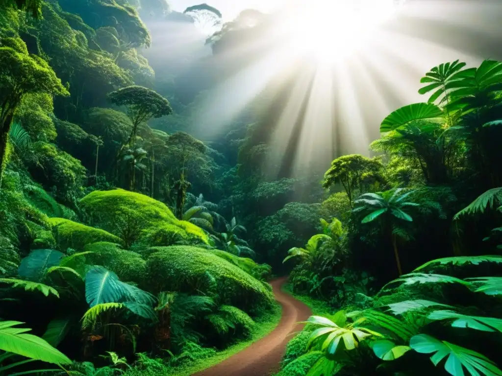 Un exuberante bosque lluvioso en América Latina, con variedad de vida silvestre y senderos invitando a explorar