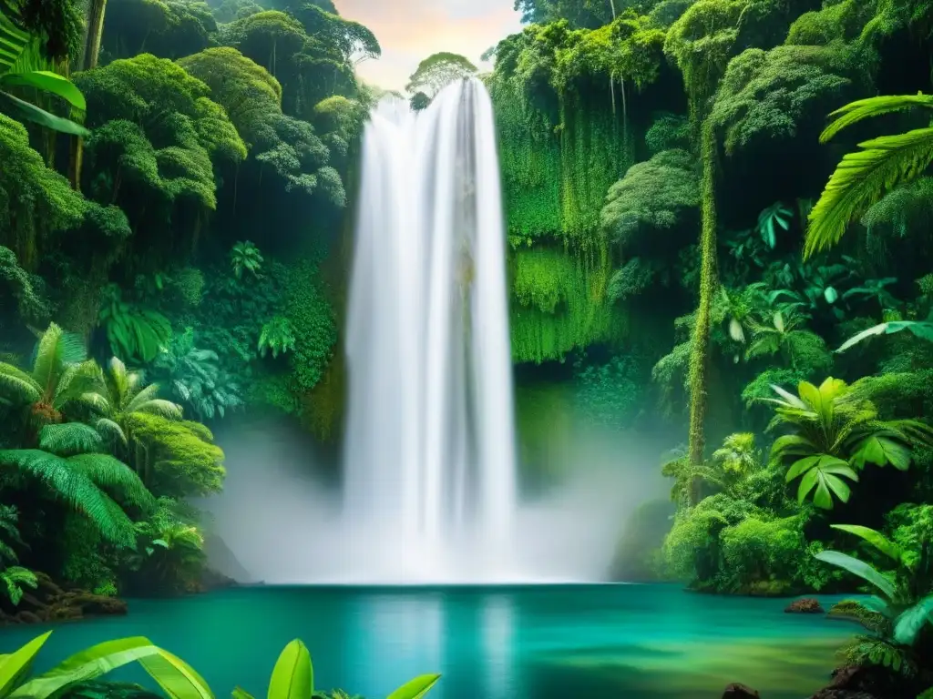 Selva exuberante: cascada oculta y fauna salvaje en Latinoamérica Explora la exuberante selva latinoamericana con monos, aves y jaguar