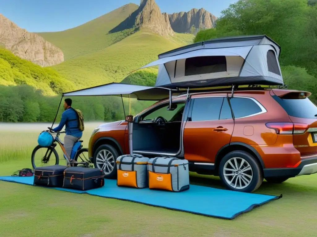 Emocionante aventura familiar en la montaña Familia preparando equipamiento esencial para viaje en carretera con niños, frente a montañas al atardecer