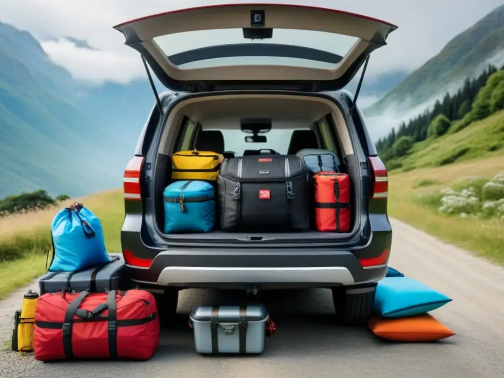 Preparativos familiares para viaje en SUV: emoción y equipaje Familia cargando equipamiento esencial de viaje en SUV para aventura carretera con niños