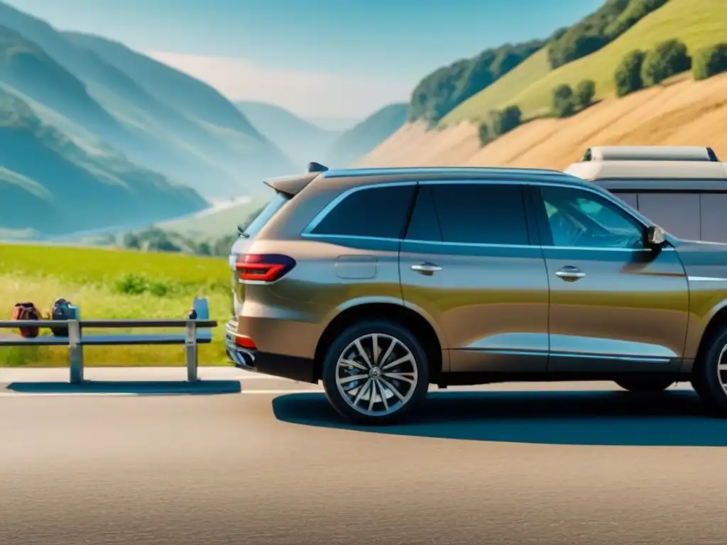 Preparando la seguridad familiar en parada panorámica Familia preparando equipamiento esencial para viaje en carretera con niños en parada en autopista pintoresca