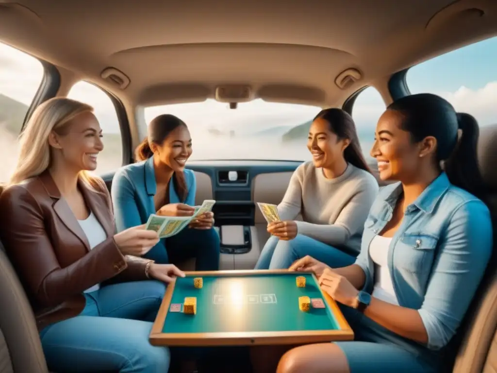 Divertida partida familiar en coche: unidos en el viaje Una familia juega un juego de mesa en el auto durante un viaje por carretera