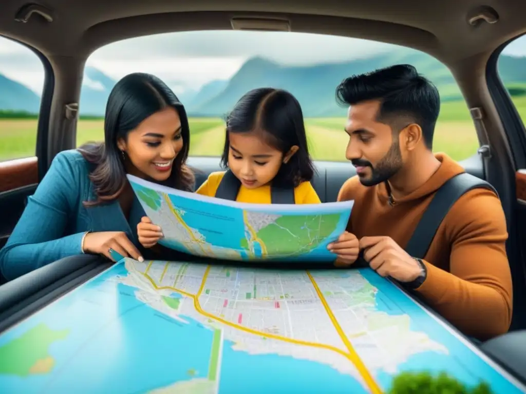 Viaje en familia: Aventura educativa en la carretera Una familia disfruta de juegos educativos para viajes por carretera mientras planifican su ruta en un escenario escénico de montañas y vegetación