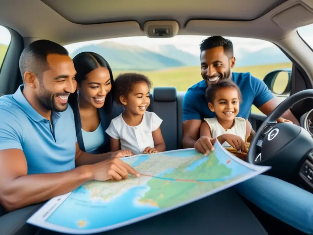 Viaje en familia: diversión educativa por carreteras diversas Familia multicultural disfruta juegos educativos para viajes por carretera, explorando paisajes diversos