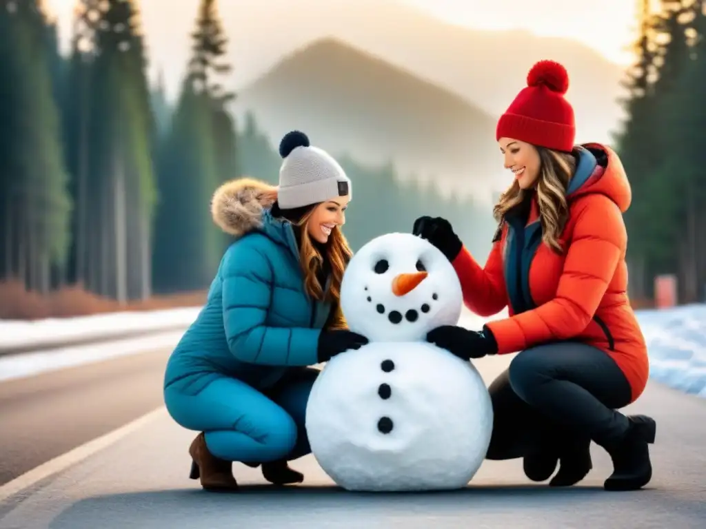 Familia construye muñeco de nieve en parada de invierno, transmitiendo alegría y unión durante viaje por carretera con niños