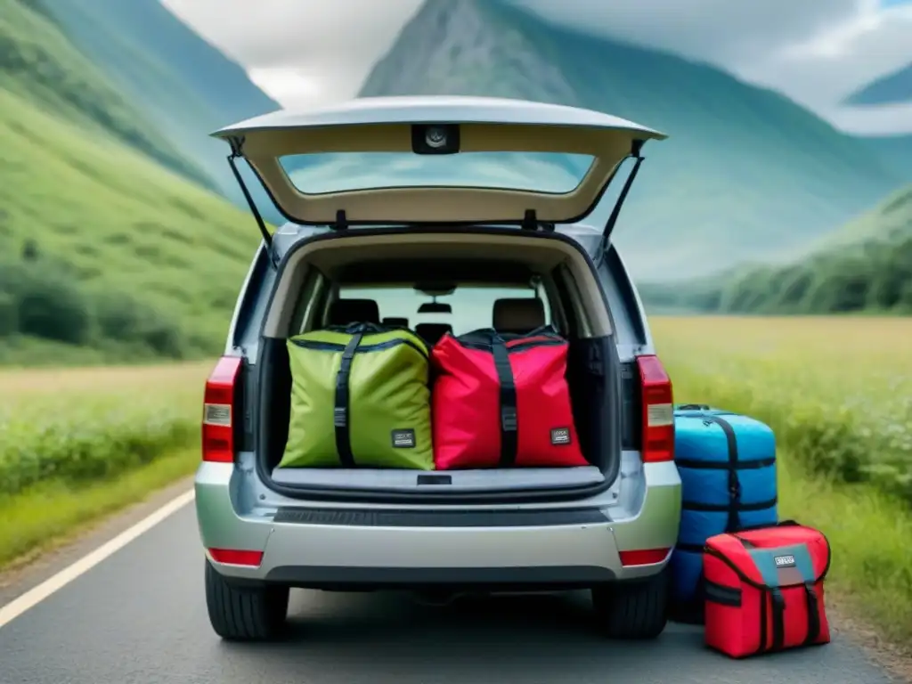 Emocionante aventura familiar: SUV cargado para un viaje épico Familia preparada para viaje carretera con niños y equipamiento esencial, explorando la naturaleza