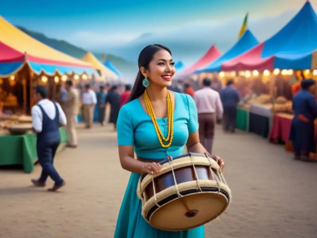 Feria local en Latinoamérica: coloridos puestos, comida callejera y ambiente festivo bajo cielo azul