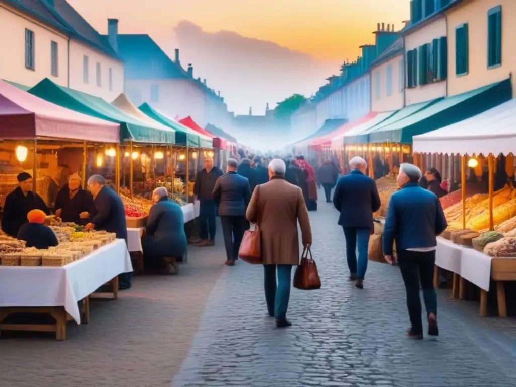Feria local europea al atardecer con puestos coloridos y gente explorando, reflejando la riqueza cultural de las ferias locales alrededor del mundo