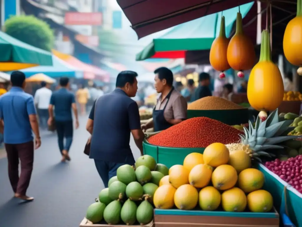 Una feria local vibrante y bulliciosa en Bangkok, Tailandia, llena de puestos coloridos vendiendo frutas exóticas, especias y artesanías