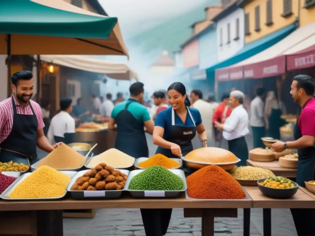 Festival gastronómico multicultural en plaza histórica Un festival de comida vibrante en la plaza de un pueblo, con puestos coloridos y chefs preparando platos tradicionales de todo el mundo