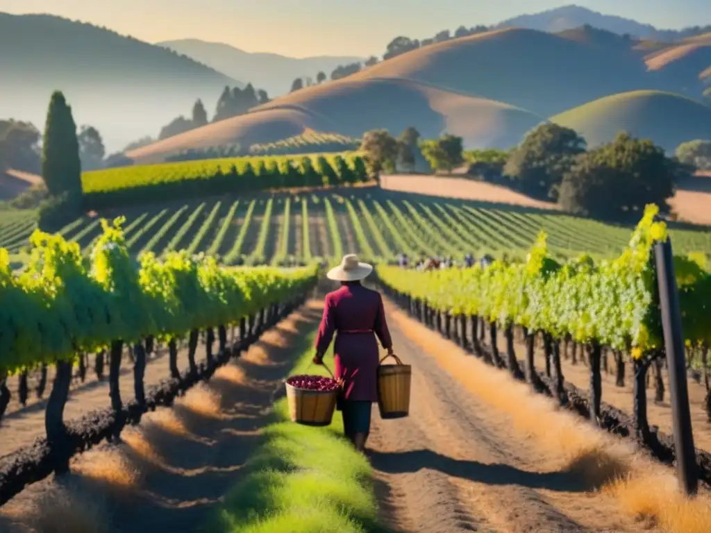 Esplendor dorado: Vendimia tradicional en Napa Valley Festival de Vino Napa Valley con viñedos dorados y vinateros cosechando uvas, capturando la esencia de la vendimia