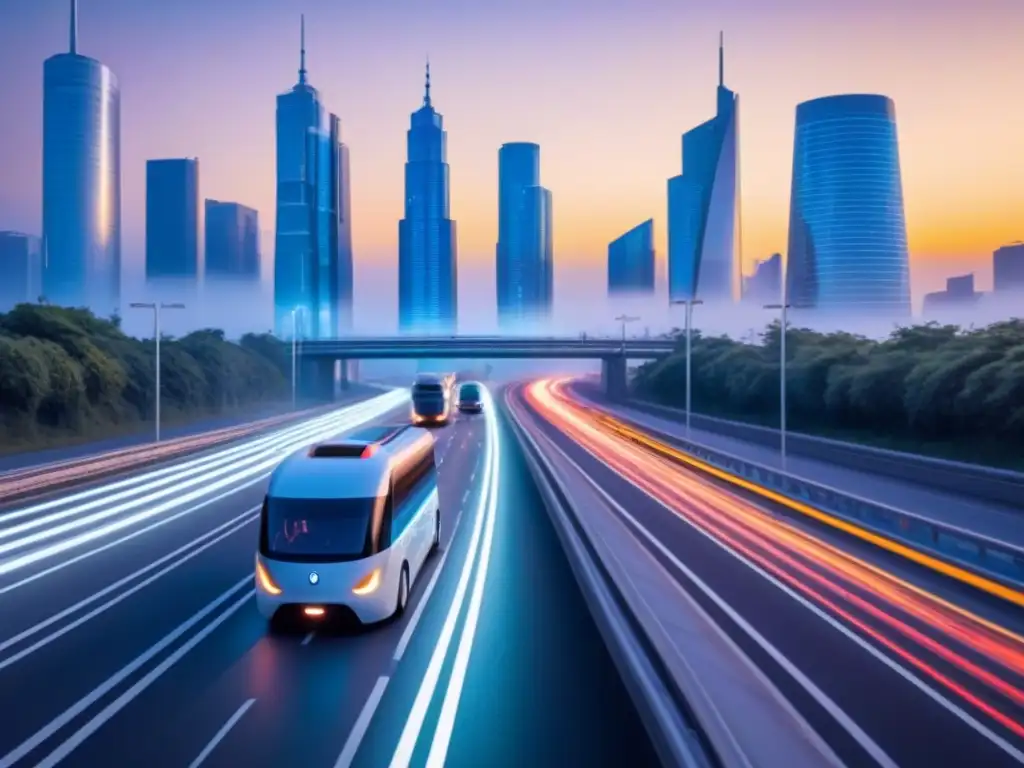 Avanzada flota de vehículos autónomos en autopista al atardecer Flota de vehículos autónomos en autopista al atardecer, destacando la Inteligencia Artificial en Viajes por Carretera