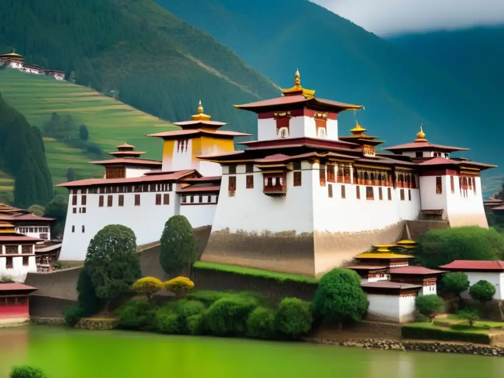 Esplendor sereno: Dzong de Punakha en Bhután Fortaleza monástica Punakha Dzong en Bután, rodeada de naturaleza exuberante y río Mo Chhu, transmitiendo serenidad y riqueza espiritual