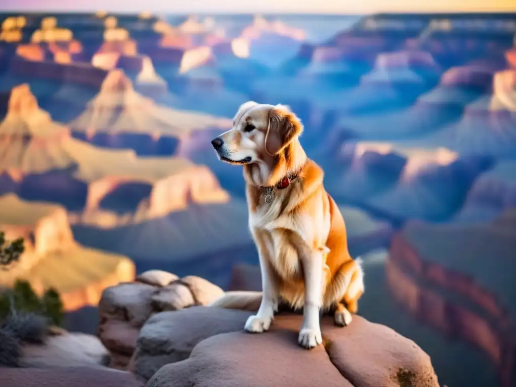 Fotógrafo de mascotas captura majestuoso golden retriever en el Gran Cañón Fotógrafo capturando a un majestuoso golden retriever en el Gran Cañón al atardecer