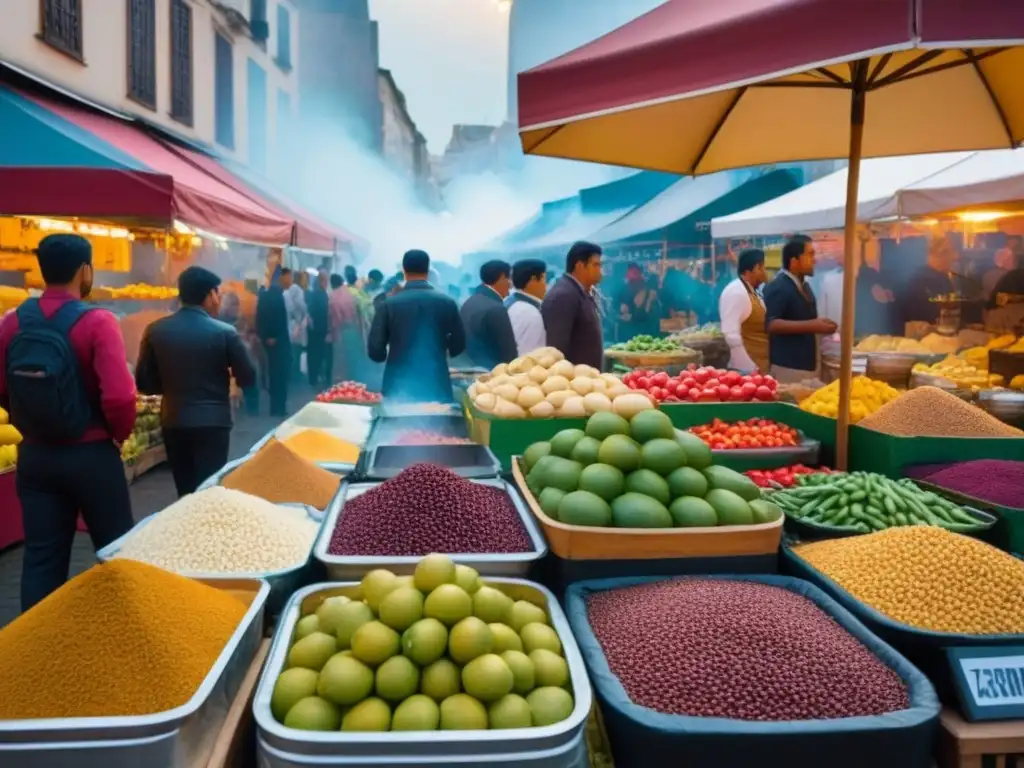 Explorando la Fotografía Gastronómica en Ruta en un bullicioso mercado sudamericano, repleto de colores y sabores auténticos