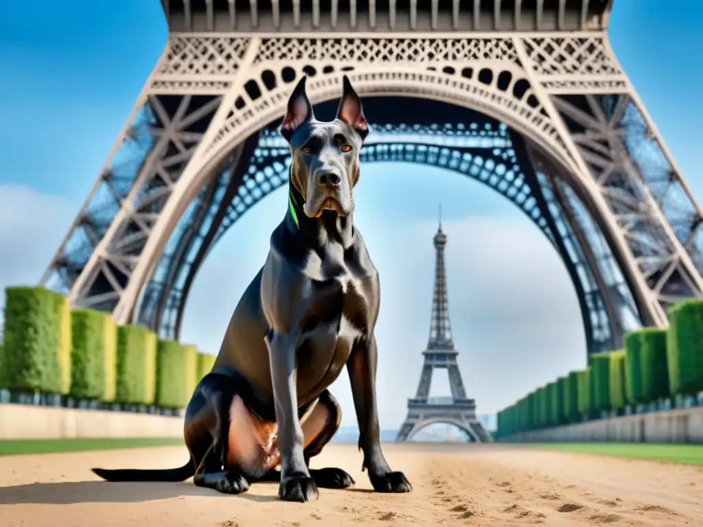 Gran Danés frente a la Torre Eiffel: un retrato majestuoso Un Gran Danés majestuoso posa frente a la Torre Eiffel en París, reflejando aventura y elegancia