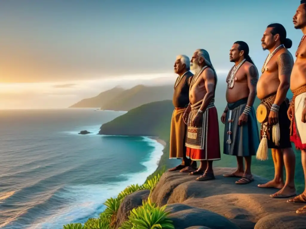 Grupo de ancianos indígenas de Oceanía en acantilado, conectados con antiguas tradiciones descubiertas viaje