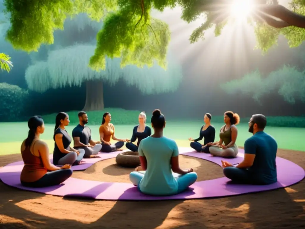 Retiro de meditación: conexión espiritual bajo el árbol bodhi Un grupo en meditación bajo un árbol bodhi, en un ambiente sereno y transformador