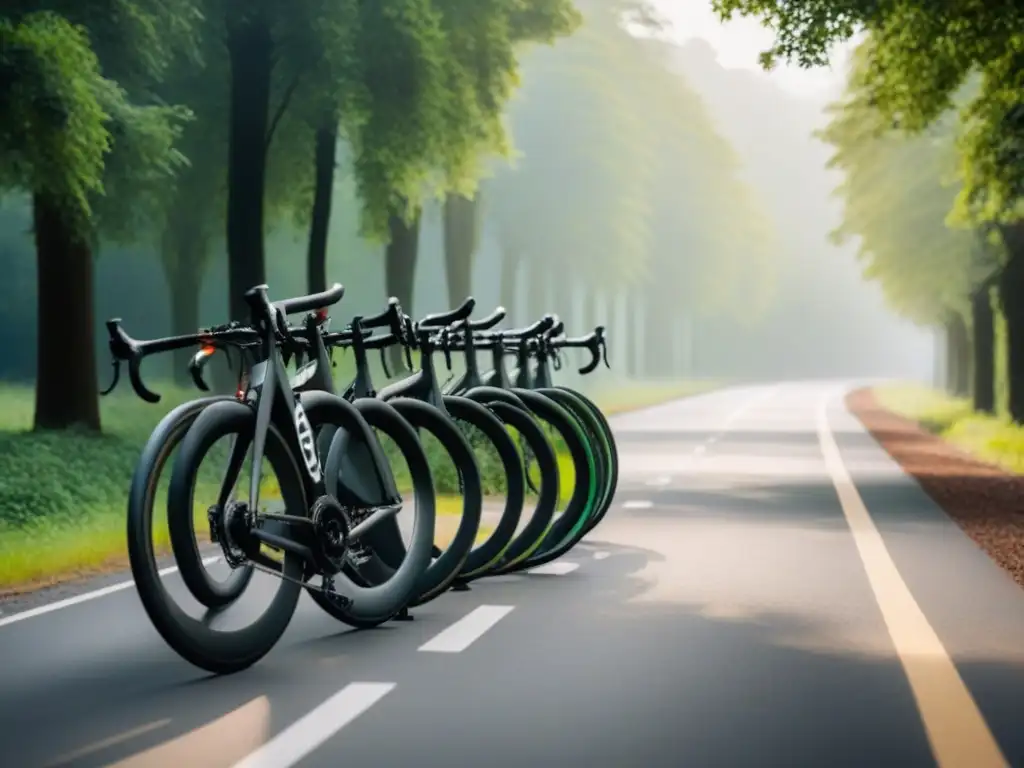 Road bikes eléctricas: diseño y tecnología avanzada en la naturaleza Un grupo de bicicletas eléctricas para viajes por carretera exhiben su diseño moderno en un entorno natural y pintoresco