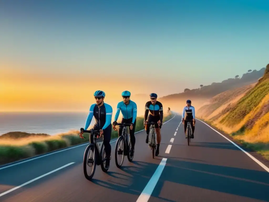 Épica travesía en bicicletas eléctricas al atardecer junto al mar Grupo de ciclistas en bicicletas eléctricas para viajes por carretera, recorriendo una carretera costera al atardecer