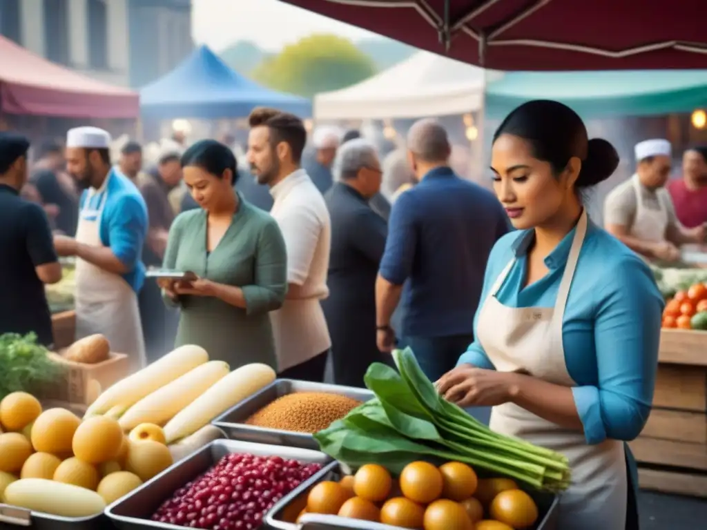 Un grupo diverso de apasionados fotógrafos gastronómicos capturando la esencia del mercado al aire libre