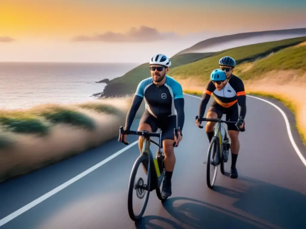 Ciclistas en bicicletas eléctricas al atardecer, escena costera Un grupo diverso de ciclistas en bicicletas eléctricas recorren una pintoresca carretera costera al atardecer, transmitiendo libertad y aventura