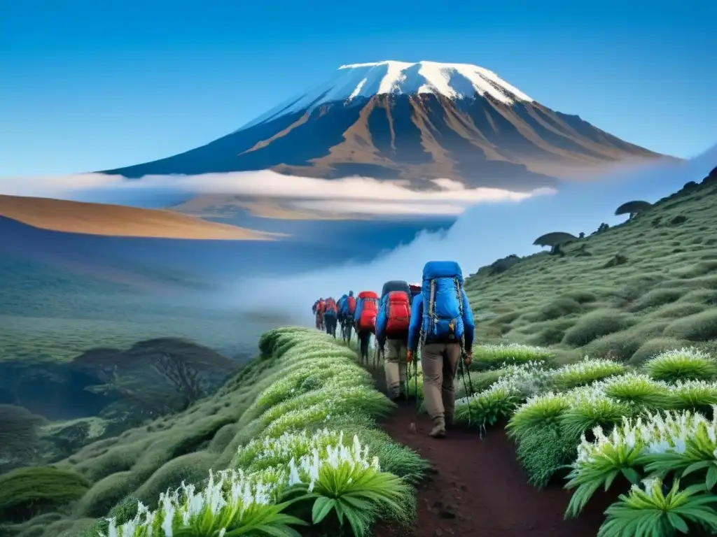 Expedición multicultural a la cumbre del Kilimanjaro Un grupo diverso de escaladores ascendiendo a Kilimanjaro, equipados con bastones y ropa para el frío, rodeados de lobelias gigantes y senecios