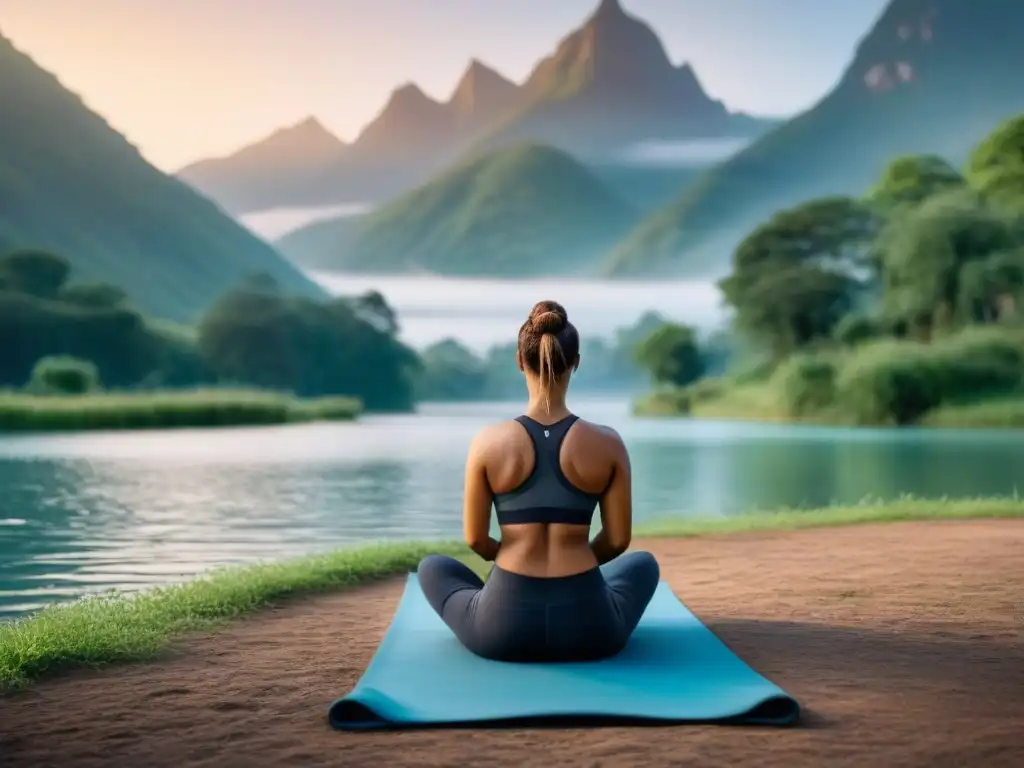 Grupo diverso practica yoga al amanecer junto a un lago, rodeados de naturaleza