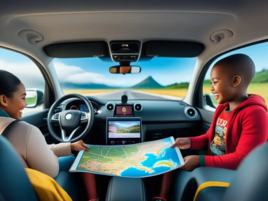 Niños jugando y aprendiendo en viaje en coche Un grupo diverso de niños juega emocionado con juegos educativos para viajes por carretera