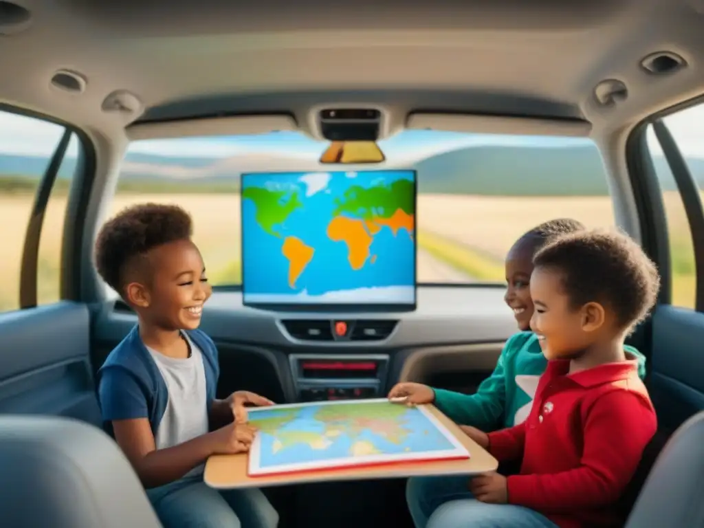 Divertidos juegos educativos en un viaje por carretera Un grupo diverso de niños disfruta de juegos educativos en un viaje por carretera, rodeados de materiales didácticos
