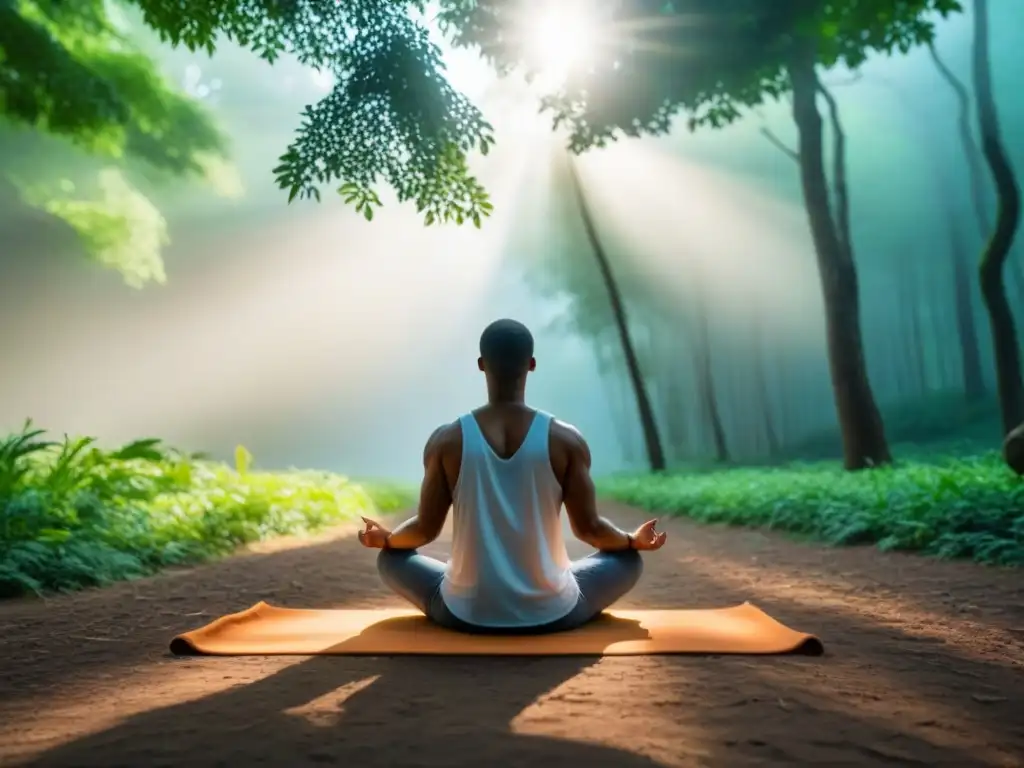Retiro de meditación: armonía en el bosque Un grupo diverso de personas medita en un retiro en medio de un bosque exuberante, transmitiendo calma y paz interior