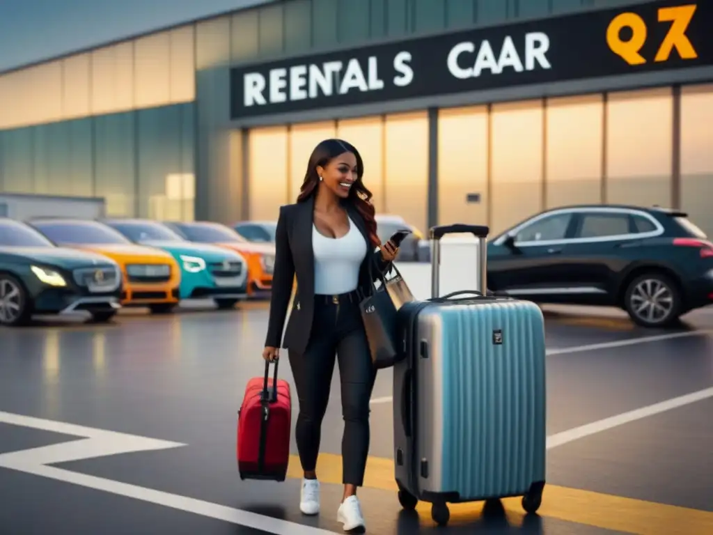 Viajeros felices cargando equipaje en aeropuerto Un grupo diverso de viajeros cargando equipaje en un coche de alquiler frente al aeropuerto, con expresiones de emoción