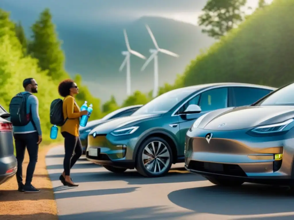 Comunidad viajera sostenible junto a vehículos eléctricos Un grupo diverso de viajeros conversando junto a vehículos eléctricos en una carretera arbolada, con un fondo de montañas y turbinas eólicas