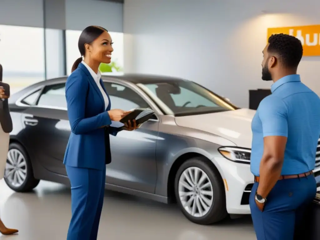 Agentes de alquiler de autos expertos informan a viajeros Un grupo diverso de viajeros escucha atentamente las opciones de seguro de alquiler de coches en una oficina moderna