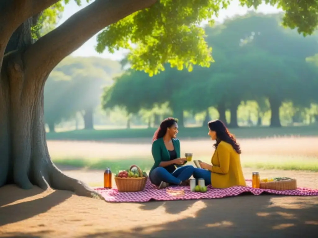 Picnic multicultural en la naturaleza Grupo diverso de viajeros disfrutando de un picnic en una parada de descanso, bajo un roble, con alimentos variados