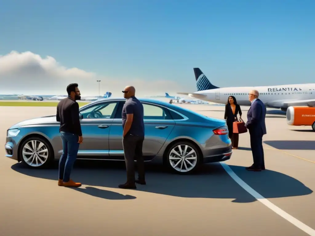 Diversidad en el aeropuerto: viajeros felices listos para salir Un grupo diverso de viajeros sonrientes espera en el centro de alquiler de coches del aeropuerto bajo un cielo azul claro