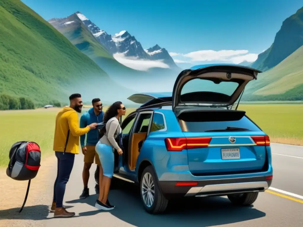 Viaje en grupo: preparados y seguros en la aventura Un grupo diverso de viajeros disfruta de un viaje en carretera, desempacando equipo de campamento junto a un auto