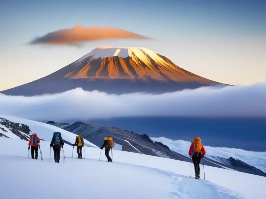 Ascenso épico al Kilimanjaro: Aventura entre nieve y sol Un grupo de escaladores subiendo el majestuoso Monte Kilimanjaro al amanecer, creando una escena impresionante de aventura y belleza natural en África