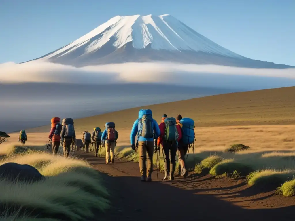 Preparativos en Kilimanjaro: la ascensión comienza aquí Grupo de escaladores preparando meticulosamente sus mochilas para ascender el Kilimanjaro al amanecer