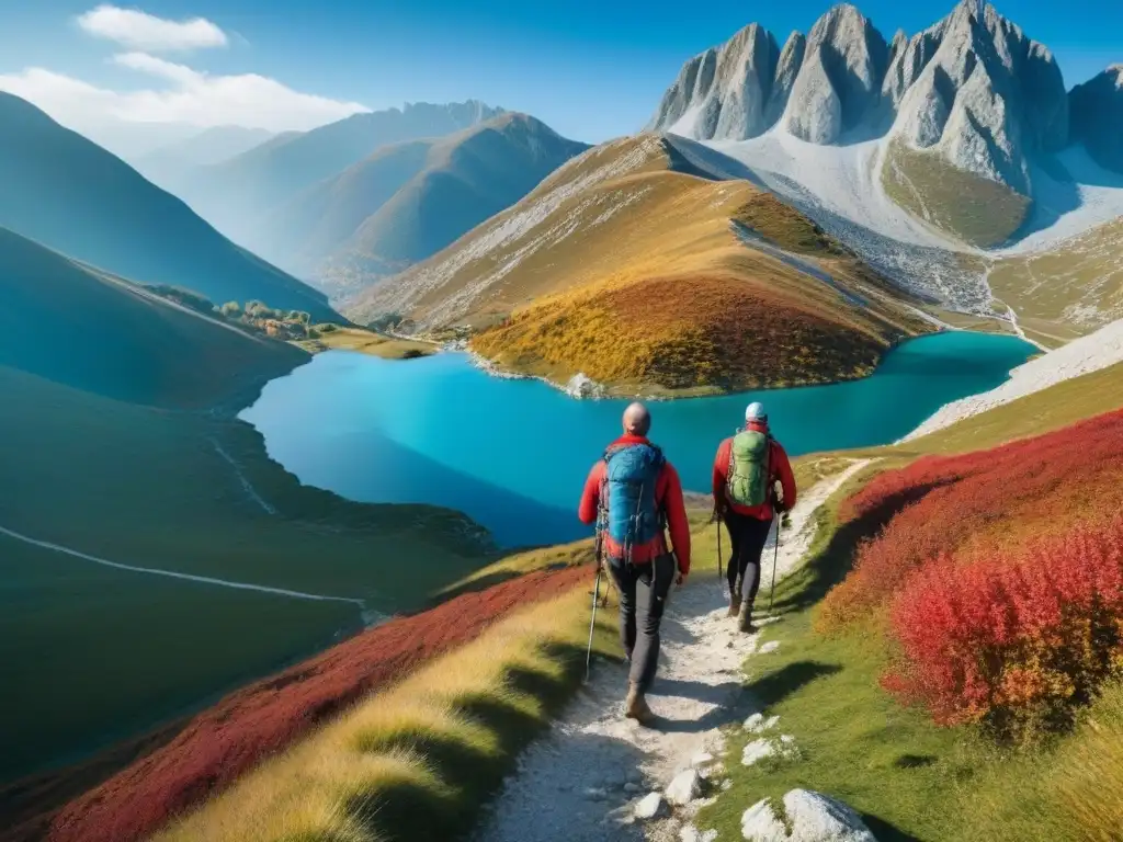 Aventura en los Montes de Kosovo: Otoño vibrante y senderos desafiantes Un grupo de excursionistas recorriendo los escarpados paisajes de Kosovo en otoño, reflejando la aventura del trekking por Los Balcanes Albania