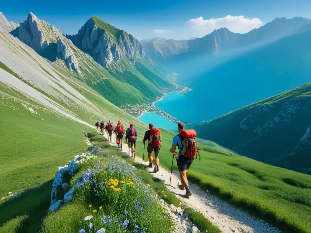 Travesía épica: Hikers exploran los magníficos Alpes albaneses Un grupo de excursionistas recorriendo los montañas de Los Balcanes Albania, con picos imponentes y exuberante vegetación