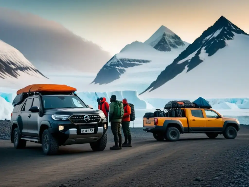 Exploradores en el Ártico: Preparativos en la Carretera Helada Un grupo de exploradores se prepara para una aventura en latitudes extremas, en una carretera nevada junto a vehículos en un sol de medianoche