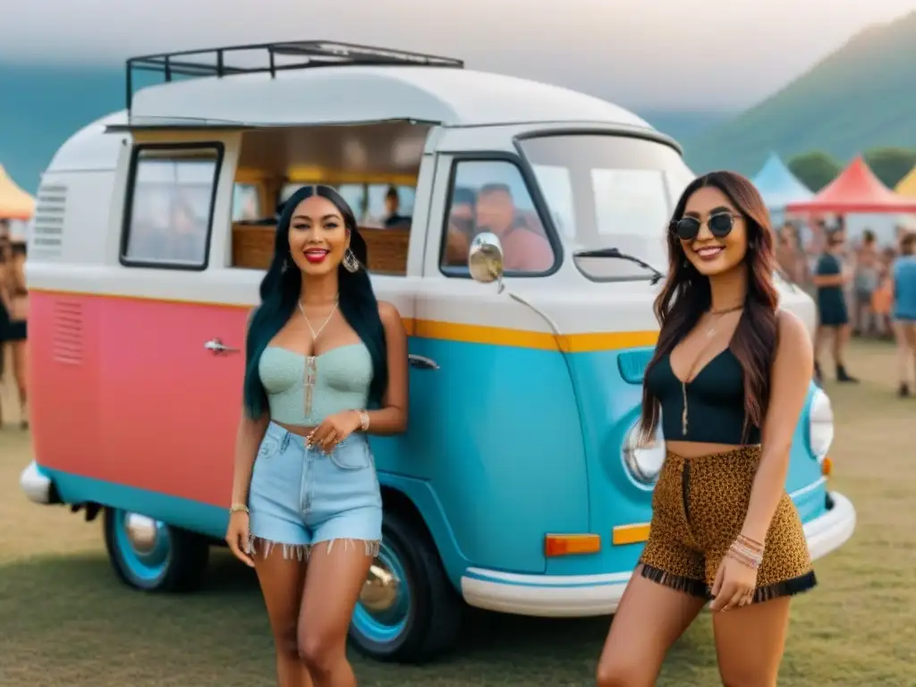 Estilo bohemio en festival: jóvenes junto a camioneta vintage Grupo de jóvenes con moda festivales de música carretera junto a furgoneta vintage colorida en festival