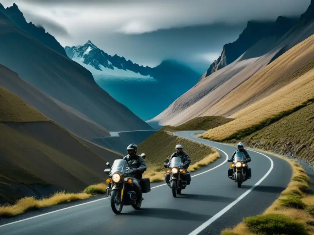 Exploración en moto por los Andes Patagónicos Un grupo de motociclistas aventureros recorriendo una ruta moto en los Andes Patagónicos, rodeados de imponentes picos nevados y nubes dramáticas