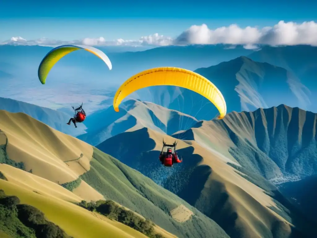Vuelo libre: Parapentes en los cielos vibrantes de los Andes colombianos Grupo de parapentes surcando los cielos azules de los Andes colombianos, con picos y valles verdes