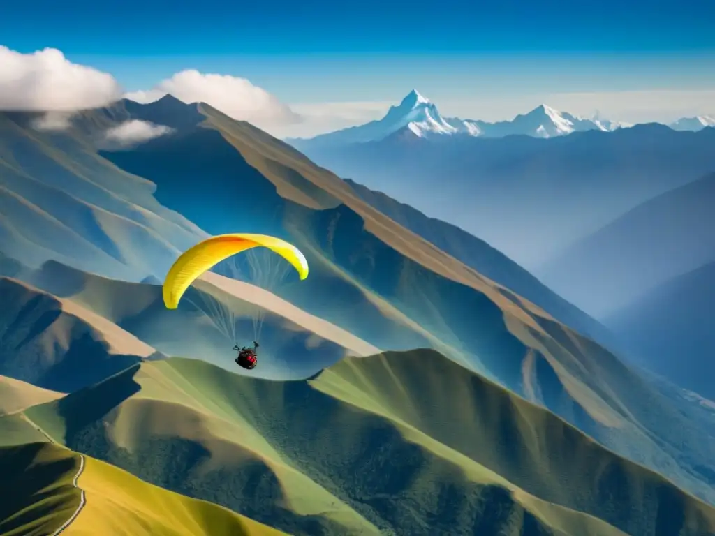 Vuelo libre: Parapentistas en los Andes de Colombia Grupo de parapentistas expertos surcando los Andes de Colombia, con coloridos paracaídas, en una ruta cóndor llena de aventura y libertad