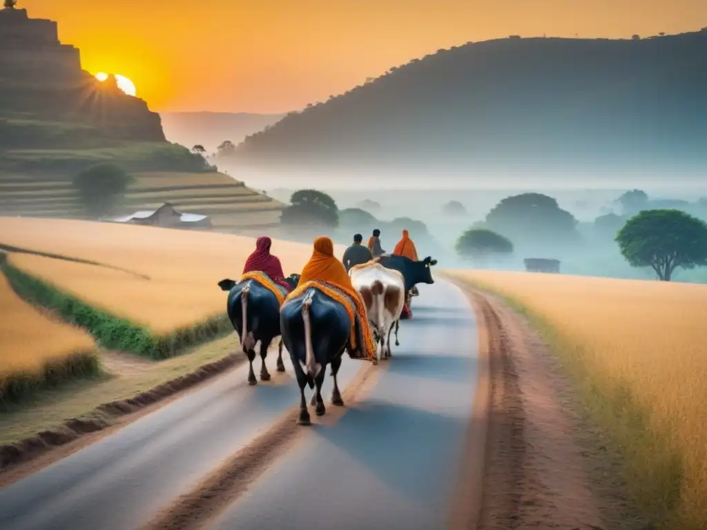 Peregrinación espiritual: modernos devotos en la India Un grupo de peregrinos modernos en la India recorriendo una carretera polvorienta, lleno de coloridas ofrendas y santuarios