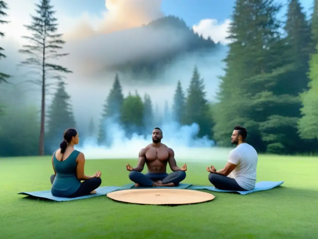 Grupo meditando en prado, rodeados de árboles y cabaña, transmitiendo serenidad