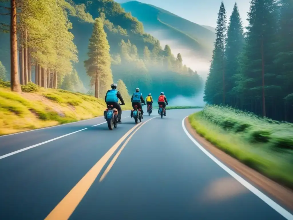 Exploradores en Bicicletas Eléctricas en la Montaña Un grupo de viajeros en bicicletas eléctricas recorriendo una pintoresca carretera de montaña rodeada de exuberante vegetación
